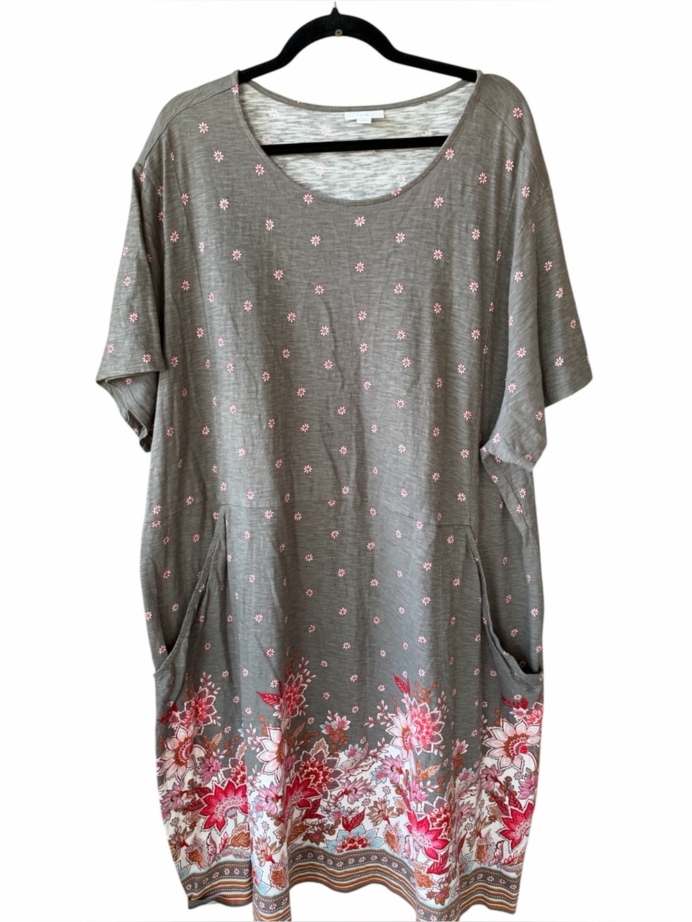 J. Jill 4X Like New CottonGray Taupe Tunic Dress w/ Floral Paisley Border